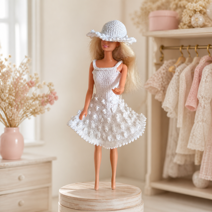 Robe blanche et chapeau pour poupée Barbie™