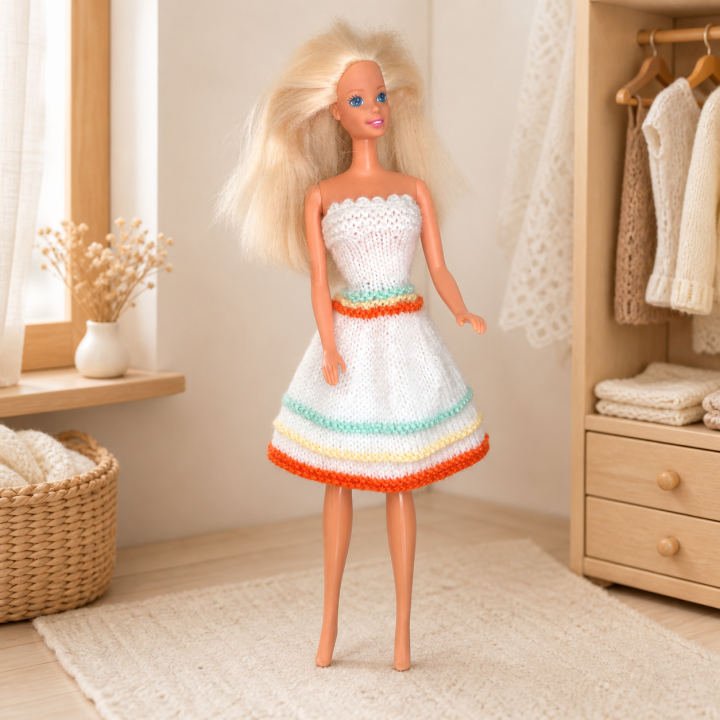 Robe blanche rayée pour poupée Barbie™ - Fait main