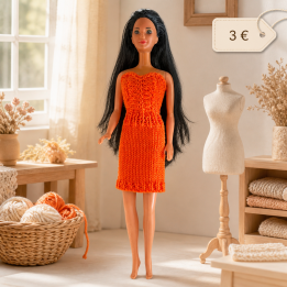 Robe orange tricotée pour poupée Barbie™ - Fait main