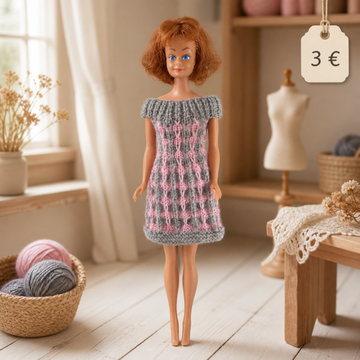 Robe grise et rose pour poupée Barbie™ - Fait main
