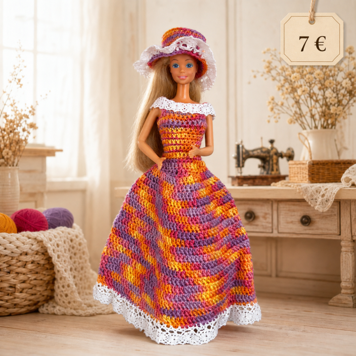 Robe longue multicolore avec dentelle pour poupée Barbie™