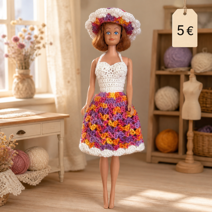 Ensemble blanc multicolore et chapeau Barbie™ - Fait main