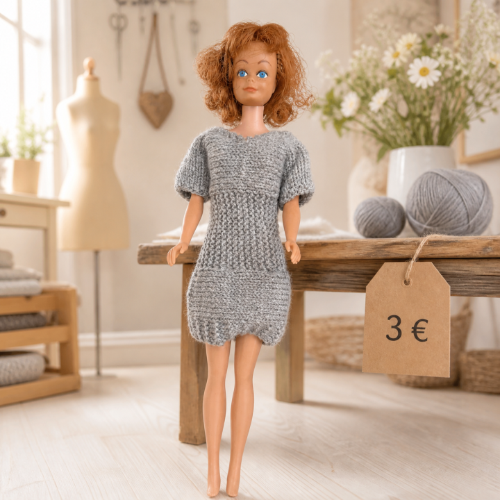 Robe grise à manches courtes et bas arrondi pour poupée Barbie